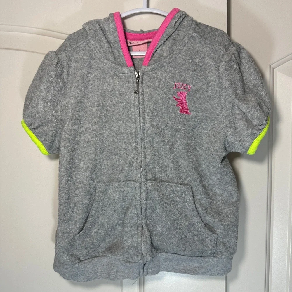 Juicy Couture Hoodie Kids Size 7 Gray Short Sleeve Terry Cloth Neon Trim Zip Up